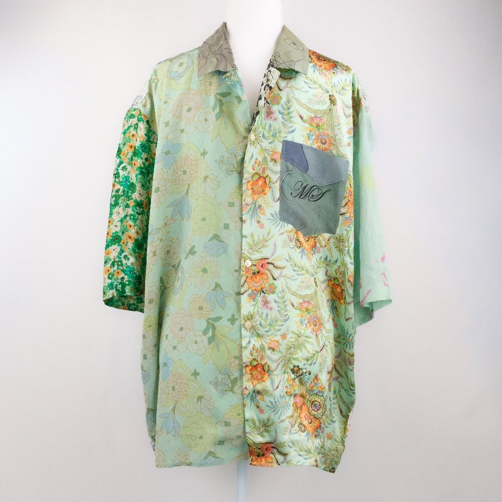NWT Marine Serre Silk Floral Print Button Down Bowling Shirt, Green Multi, Large